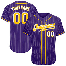 Laden Sie das Bild in den Galerie-Viewer, Custom Purple White Pinstripe Gold-White Authentic Baseball Jersey
