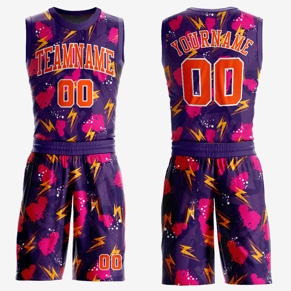 Custom Purple Orange-Gold Music Festival Round Neck Sublimation Basketball  Suit Jersey