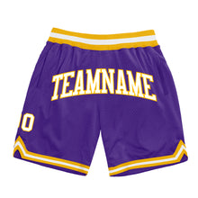 Laden Sie das Bild in den Galerie-Viewer, Custom Purple White-Gold Authentic Throwback Basketball Shorts
