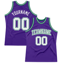 Laden Sie das Bild in den Galerie-Viewer, Custom Purple White-Kelly Green Authentic Throwback Basketball Jersey
