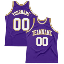 Laden Sie das Bild in den Galerie-Viewer, Custom Purple White-Old Gold Authentic Throwback Basketball Jersey
