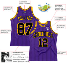 Laden Sie das Bild in den Galerie-Viewer, Custom Purple Black Pinstripe Black-Gold Authentic Basketball Jersey

