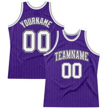 Laden Sie das Bild in den Galerie-Viewer, Custom Purple Black Pinstripe White-Gray Authentic Basketball Jersey
