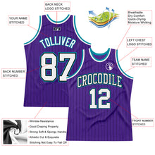 Laden Sie das Bild in den Galerie-Viewer, Custom Purple Black Pinstripe White-Teal Authentic Basketball Jersey
