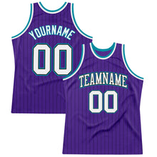 Laden Sie das Bild in den Galerie-Viewer, Custom Purple Black Pinstripe White-Teal Authentic Basketball Jersey
