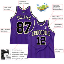 Laden Sie das Bild in den Galerie-Viewer, Custom Purple Black Pinstripe Black-Cream Authentic Basketball Jersey
