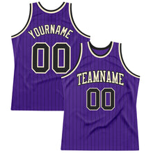 Laden Sie das Bild in den Galerie-Viewer, Custom Purple Black Pinstripe Black-Cream Authentic Basketball Jersey
