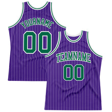 Laden Sie das Bild in den Galerie-Viewer, Custom Purple White Pinstripe Kelly Green Authentic Basketball Jersey
