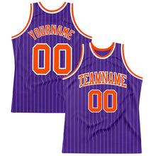 Laden Sie das Bild in den Galerie-Viewer, Custom Purple White Pinstripe Orange Authentic Basketball Jersey
