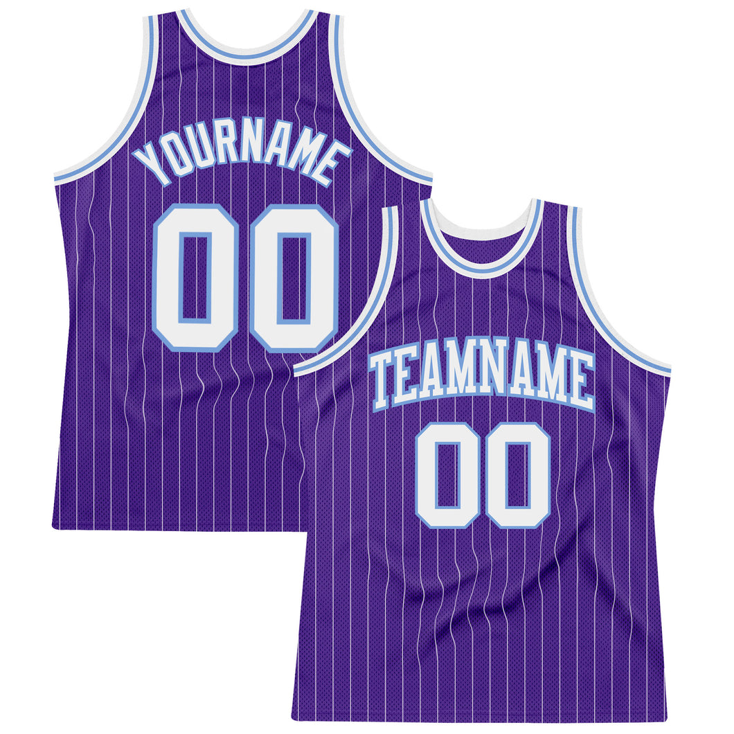 Custom Purple White Pinstripe White-Light Blue Authentic Basketball Jersey