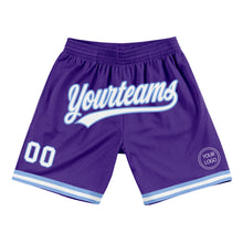 Laden Sie das Bild in den Galerie-Viewer, Custom Purple White-Light Blue Authentic Throwback Basketball Shorts
