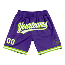 Laden Sie das Bild in den Galerie-Viewer, Custom Purple White-Neon Green Authentic Throwback Basketball Shorts
