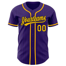 Laden Sie das Bild in den Galerie-Viewer, Custom Purple Black Pinstripe Gold Authentic Baseball Jersey
