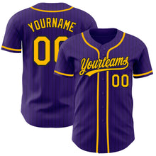 Laden Sie das Bild in den Galerie-Viewer, Custom Purple Black Pinstripe Gold Authentic Baseball Jersey
