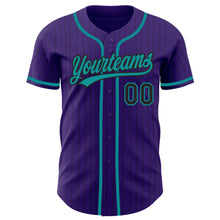Load image into Gallery viewer, Custom Purple Black Pinstripe Teal Authentic Baseball Jersey
