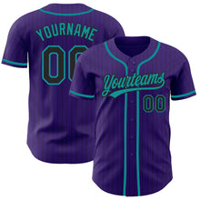 Load image into Gallery viewer, Custom Purple Black Pinstripe Teal Authentic Baseball Jersey
