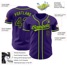 Load image into Gallery viewer, Custom Purple Black Pinstripe Neon Green Authentic Baseball Jersey
