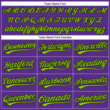 Load image into Gallery viewer, Custom Purple Black Pinstripe Neon Green Authentic Baseball Jersey
