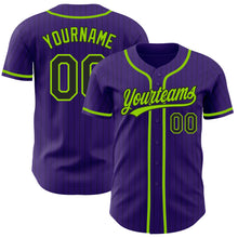 Laden Sie das Bild in den Galerie-Viewer, Custom Purple Black Pinstripe Neon Green Authentic Baseball Jersey
