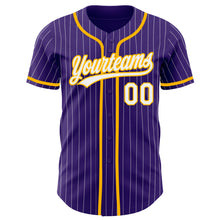 Laden Sie das Bild in den Galerie-Viewer, Custom Purple White Pinstripe Gold Authentic Baseball Jersey
