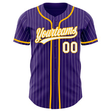 Load image into Gallery viewer, Custom Purple White Pinstripe Gold Authentic Baseball Jersey
