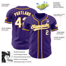 Laden Sie das Bild in den Galerie-Viewer, Custom Purple White Pinstripe Gold Authentic Baseball Jersey
