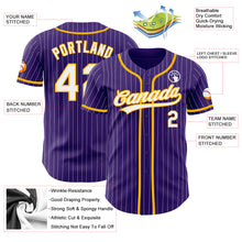 Load image into Gallery viewer, Custom Purple White Pinstripe Gold Authentic Baseball Jersey
