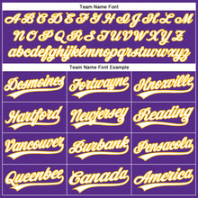 Load image into Gallery viewer, Custom Purple White Pinstripe Gold Authentic Baseball Jersey
