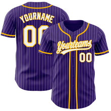 Laden Sie das Bild in den Galerie-Viewer, Custom Purple White Pinstripe Gold Authentic Baseball Jersey
