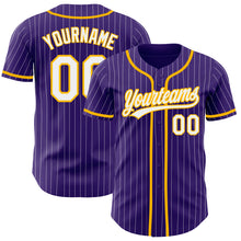 Load image into Gallery viewer, Custom Purple White Pinstripe Gold Authentic Baseball Jersey
