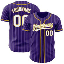 Laden Sie das Bild in den Galerie-Viewer, Custom Purple White Pinstripe Old Gold Authentic Baseball Jersey
