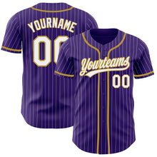 Load image into Gallery viewer, Custom Purple White Pinstripe Old Gold Authentic Baseball Jersey
