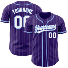Load image into Gallery viewer, Custom Purple White Pinstripe Light Blue Authentic Baseball Jersey
