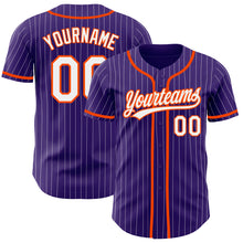 Load image into Gallery viewer, Custom Purple White Pinstripe Orange Authentic Baseball Jersey
