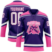 Load image into Gallery viewer, Custom Purple White-Pink Hockey Lace Neck Jersey
