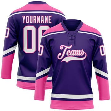 Custom Purple White-Pink Hockey Lace Neck Jersey