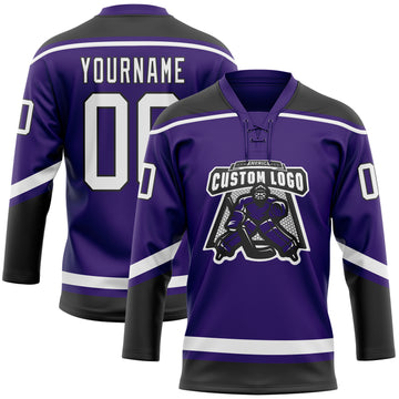 Custom Purple White-Black Hockey Lace Neck Jersey