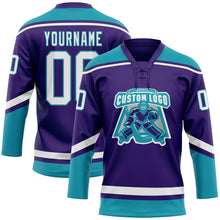 Laden Sie das Bild in den Galerie-Viewer, Custom Purple White-Teal Hockey Lace Neck Jersey
