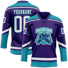 Load image into Gallery viewer, Custom Purple White-Teal Hockey Lace Neck Jersey
