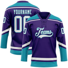 Load image into Gallery viewer, Custom Purple White-Teal Hockey Lace Neck Jersey

