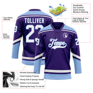 Custom Purple White-Light Blue Hockey Lace Neck Jersey