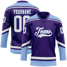 Load image into Gallery viewer, Custom Purple White-Light Blue Hockey Lace Neck Jersey
