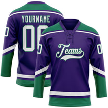 Laden Sie das Bild in den Galerie-Viewer, Custom Purple White-Kelly Green Hockey Lace Neck Jersey
