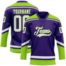 Laden Sie das Bild in den Galerie-Viewer, Custom Purple White-Neon Green Hockey Lace Neck Jersey
