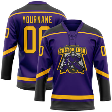 Custom Purple Gold-Black Hockey Lace Neck Jersey