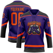 Laden Sie das Bild in den Galerie-Viewer, Custom Purple Orange-Black Hockey Lace Neck Jersey

