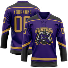 Laden Sie das Bild in den Galerie-Viewer, Custom Purple Old Gold-Black Hockey Lace Neck Jersey

