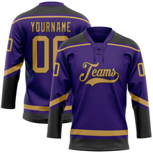 Laden Sie das Bild in den Galerie-Viewer, Custom Purple Old Gold-Black Hockey Lace Neck Jersey
