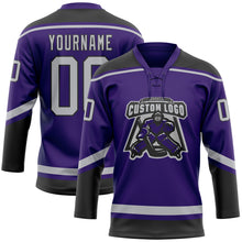 Laden Sie das Bild in den Galerie-Viewer, Custom Purple Gray-Black Hockey Lace Neck Jersey
