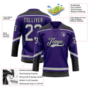 Custom Purple Gray-Black Hockey Lace Neck Jersey